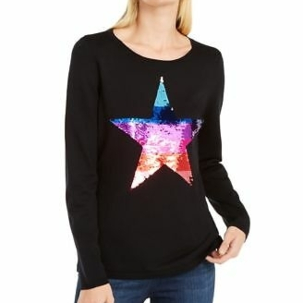 INC International Concepts Black Top with Multicolor Sequin Star